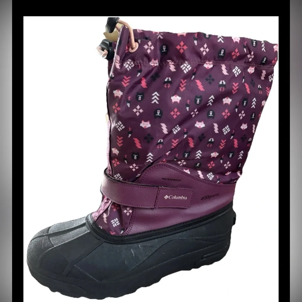 Columbia Kids' Powderbug print winter snow boots girls size 6y- waterproof